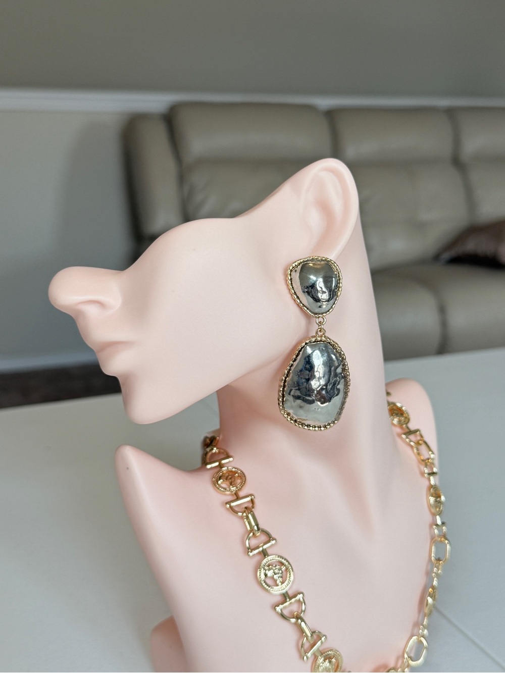 Gold-Tone Drop Earrings with Silver Mirror Accents